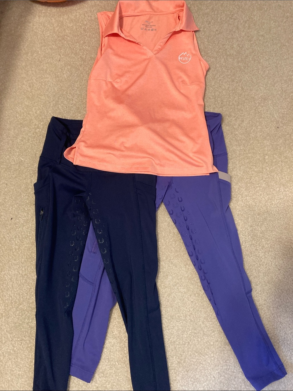 Kids Peach Sleeveless Polo Top with Navy and Purple Riding Tights